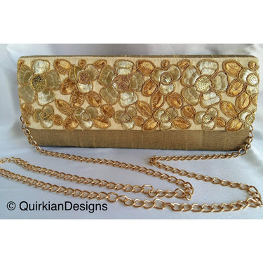 Green Fabric Clutch Purse With Copper And Gold Intricate Floral Embroidery, Wedding Clutch, Party Bag